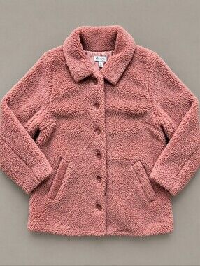 Denim & Co Teddy Bear Sherpa Jacket M Dusty Rose Pink Fleece Lined Coat